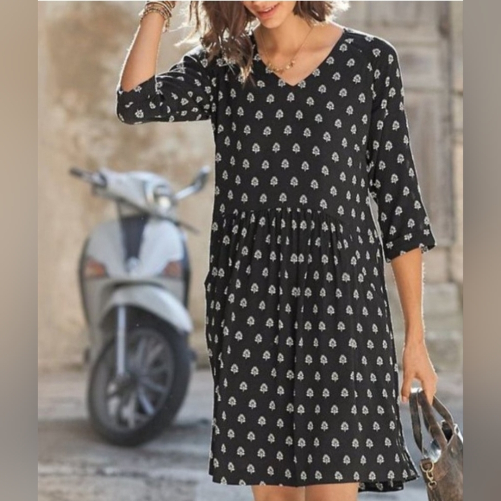 Garnet Hill Black/White Woodblock Print Midi Dress, Pockets, Sz 12
